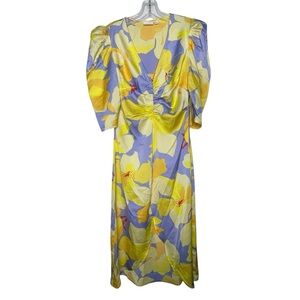 VILA Johanna Yellow Lavender Floral V-Neck Puff Sleeve  Midi Dress Size EU 36